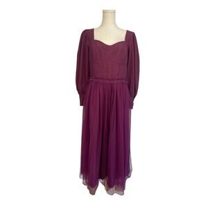 Ivy City Co Plum Purple Florence Womens Size Medium Long Sleeve Tulle Midi Dress